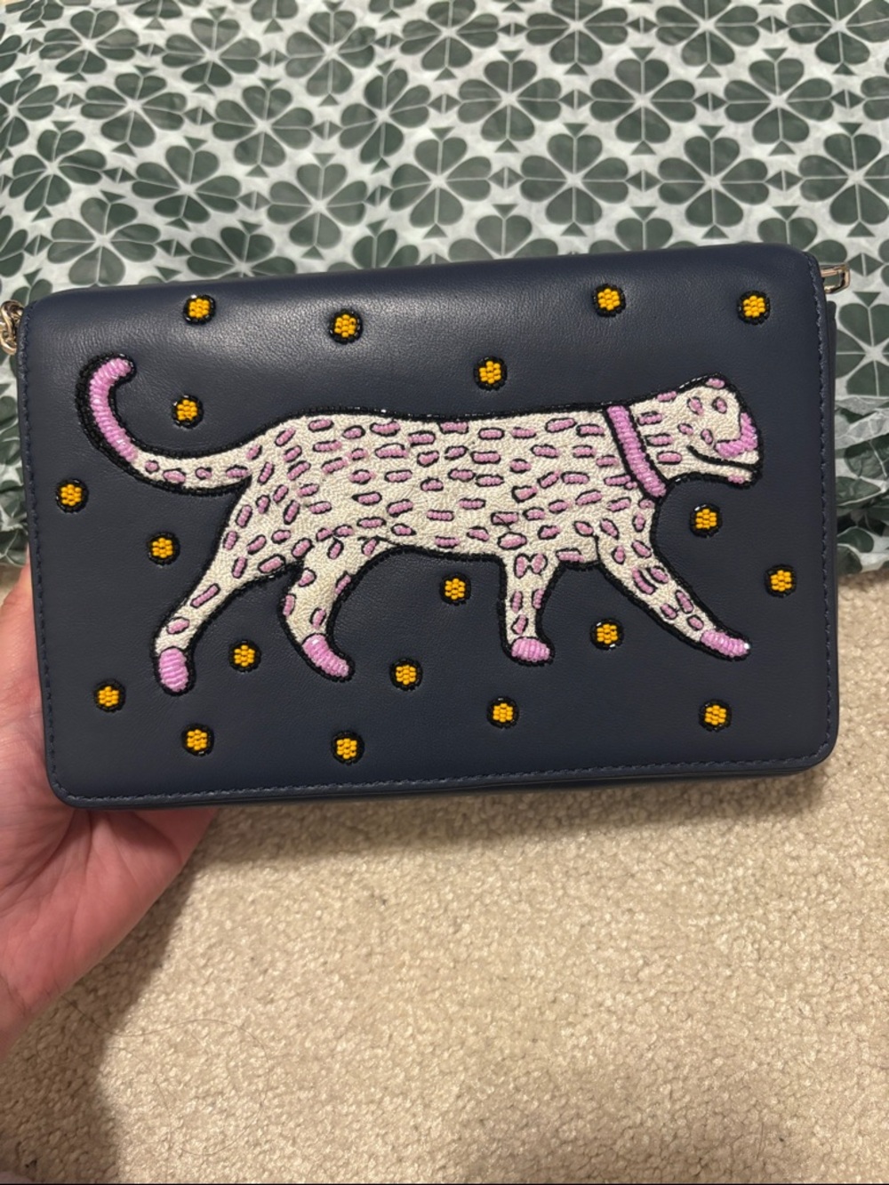 KATE SPADE Navy Crossbody with Embroidered Leopard and Yellow Dots